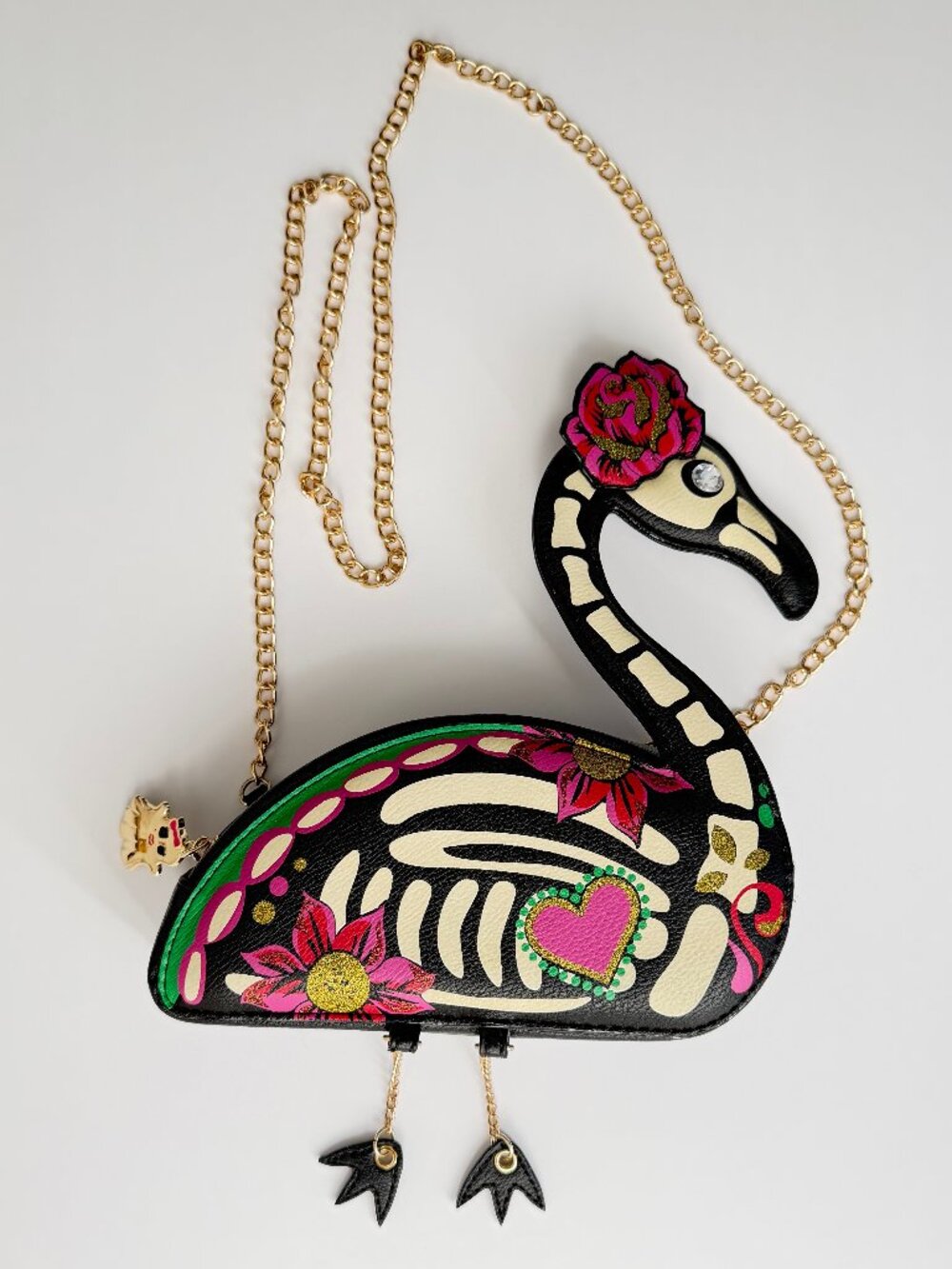 Betsey Johnson BETSEYVILLE Flamingo Sugerskull Crossbody glow in the dark!